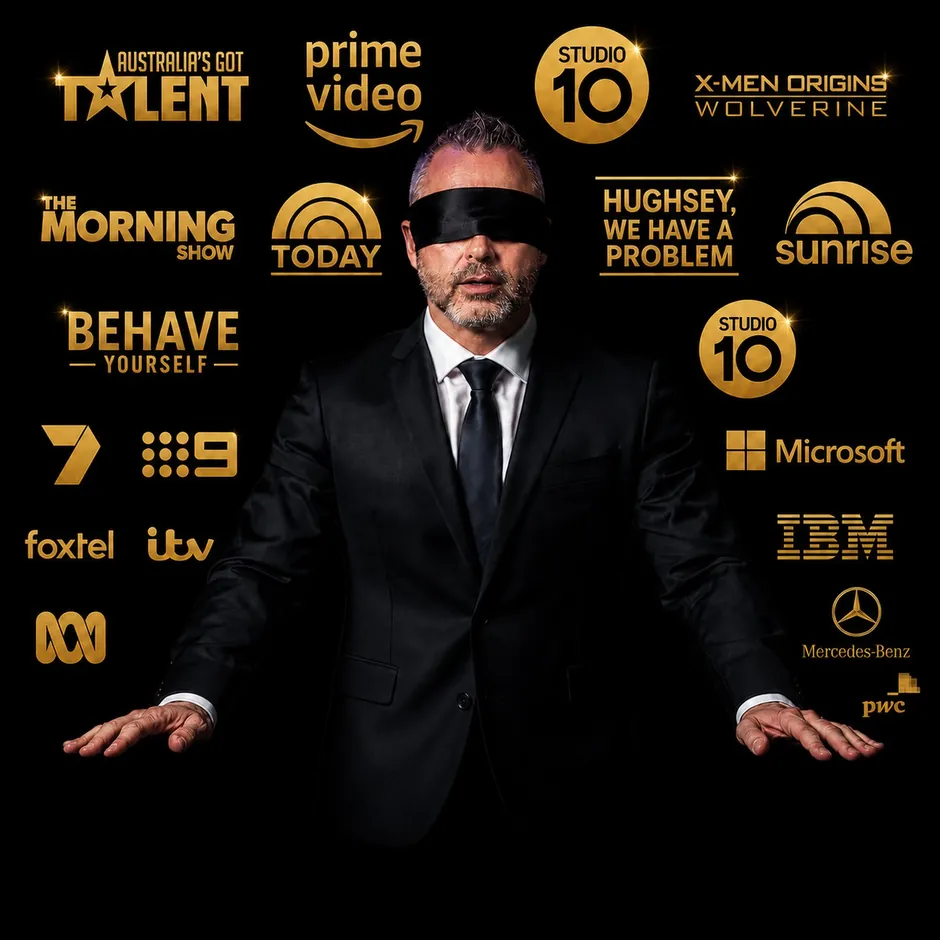 Phoenix blindfolded, surrounded by the gold logos of the television, film and brand work he is known for, Australia’s Got Talent, Prime Video, Studio 10, X-Men Origins: Wolverine, The Morning Show, Today, Sunrise, Hughesy, We Have a Problem, Behave Yourself, plus Microsoft, IBM, Mercedes-Benz and PwC